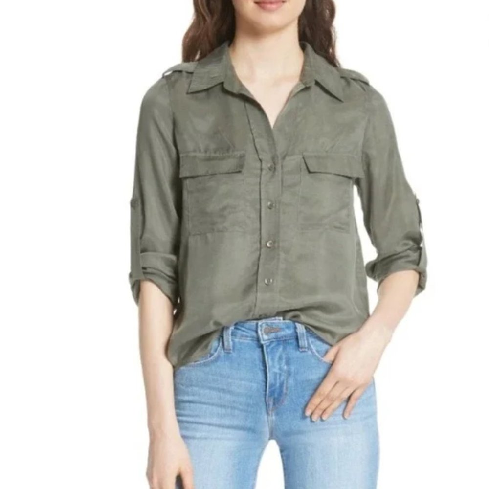 L'AGENCE Lunetta Military Olive Green Collared Rolled Sleeves Shirt NEW XS